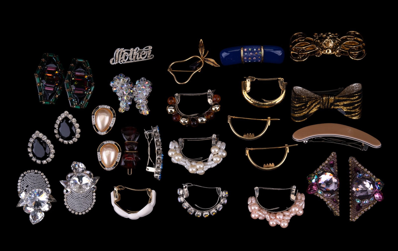 Rhinestone, Faux, Pearl, Other Earrings/ Hairclips: Grouping includes 14 hair pins, mostly made in European countries such as Italy or France. Also included in the lot are Laguna crystal earrings, Carolee earrings, goldtone pear pin, rhinestone pin & m