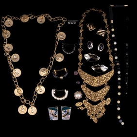 Statement Necklace, Black enamel & Bead, Goldtone