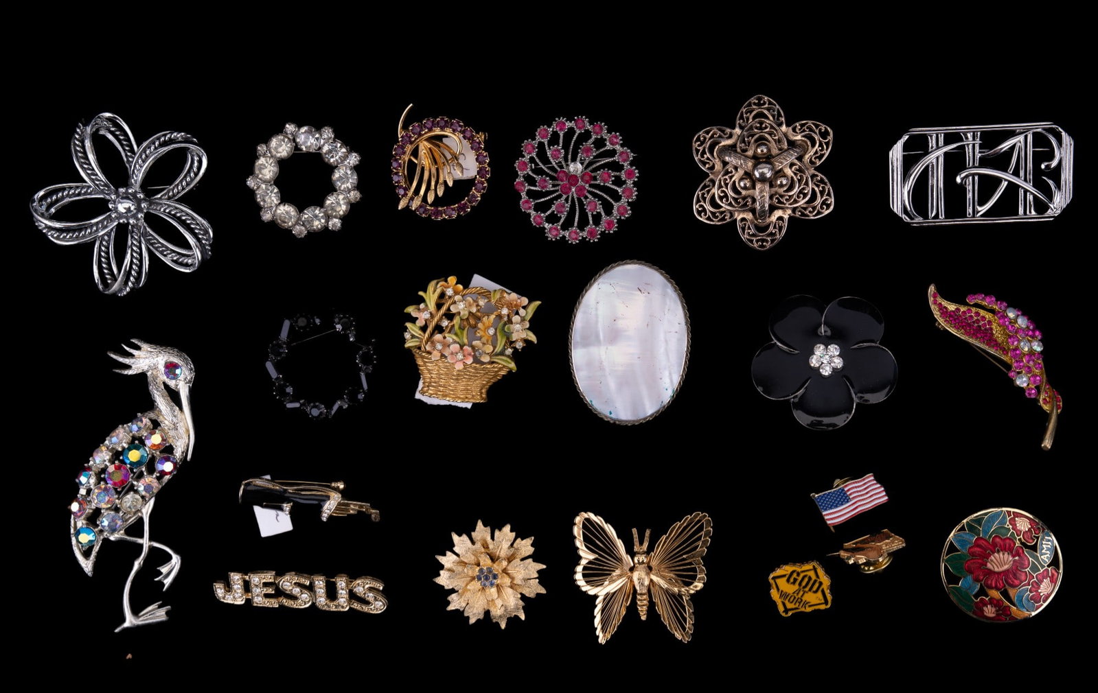 Monet, Vintage Benedikt N.Y, more Brooches: Grouping of pins & brooches including a Benedikt N.Y gold tone flower brooch, Monet butterfly brooch, silvertone Monet brooch, rhinestone crane brooch, MOP brooch, My Fair Lady flower basket brooch & 