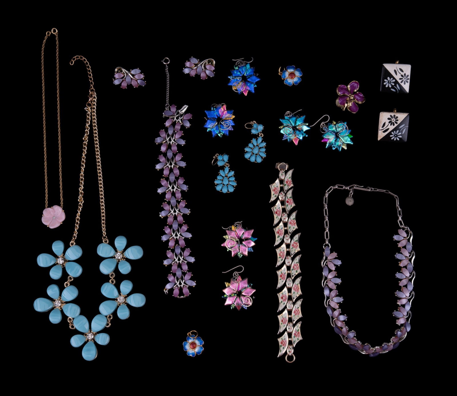 Floral Costume Jewelry, Dichroic Glass: Grouping includes a pink/purple silvertone necklace bracelet & earrings set, three pairs of dichroic glass earrings with sterling wire, blue floral statement necklace with blue faceted drop earrings, 