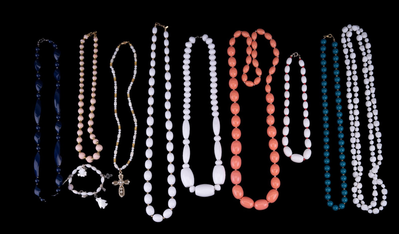 Monet, Avon, Quality Beaded Necklaces: Grouping of quality beaded necklaces, including an Avon pink bead goldtone necklace, Monet white beaded necklace, natural stone necklace with cross pendant & more.
