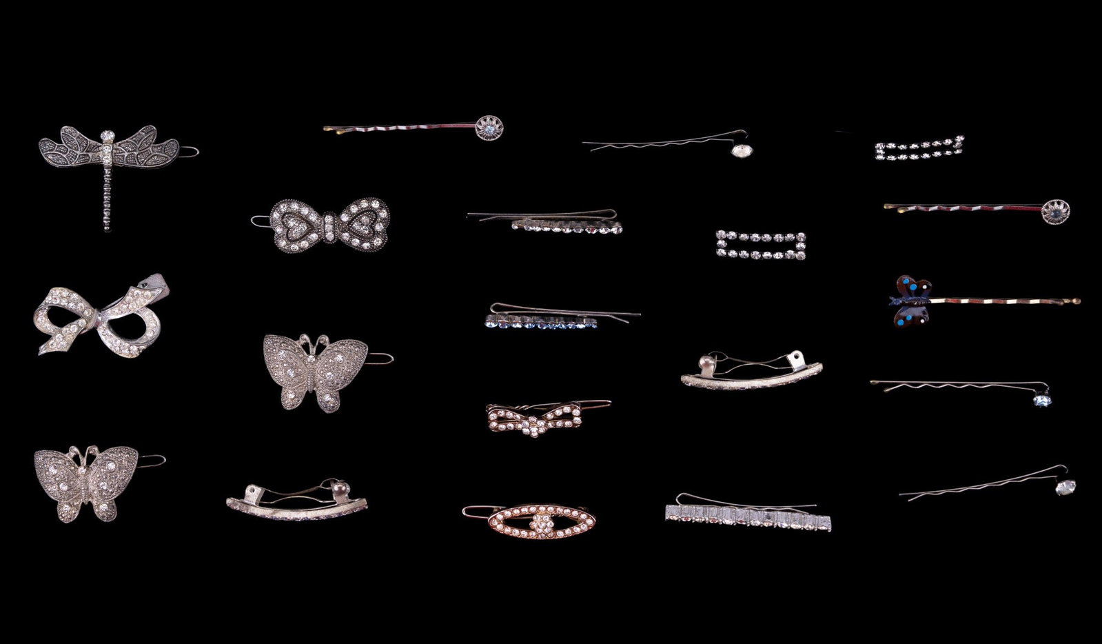 Rhinestone Pins, Hairclips: Grouping of rhinestone pins & hairpins, some with marcasite. Includes bows, butterflies & more