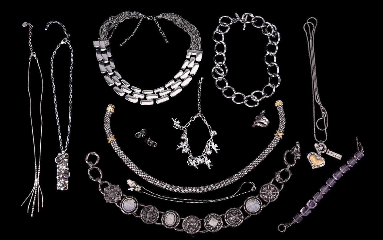 Monet Chain, Silvertone Costume Jewelry: A Monet heavy chain style necklace, a heavy fleur de lys & rhinestone panel necklace, Heart pendant silvertone chain, rhinestone necklace marked Icing, Adorns Designs pink square bracelet & more.