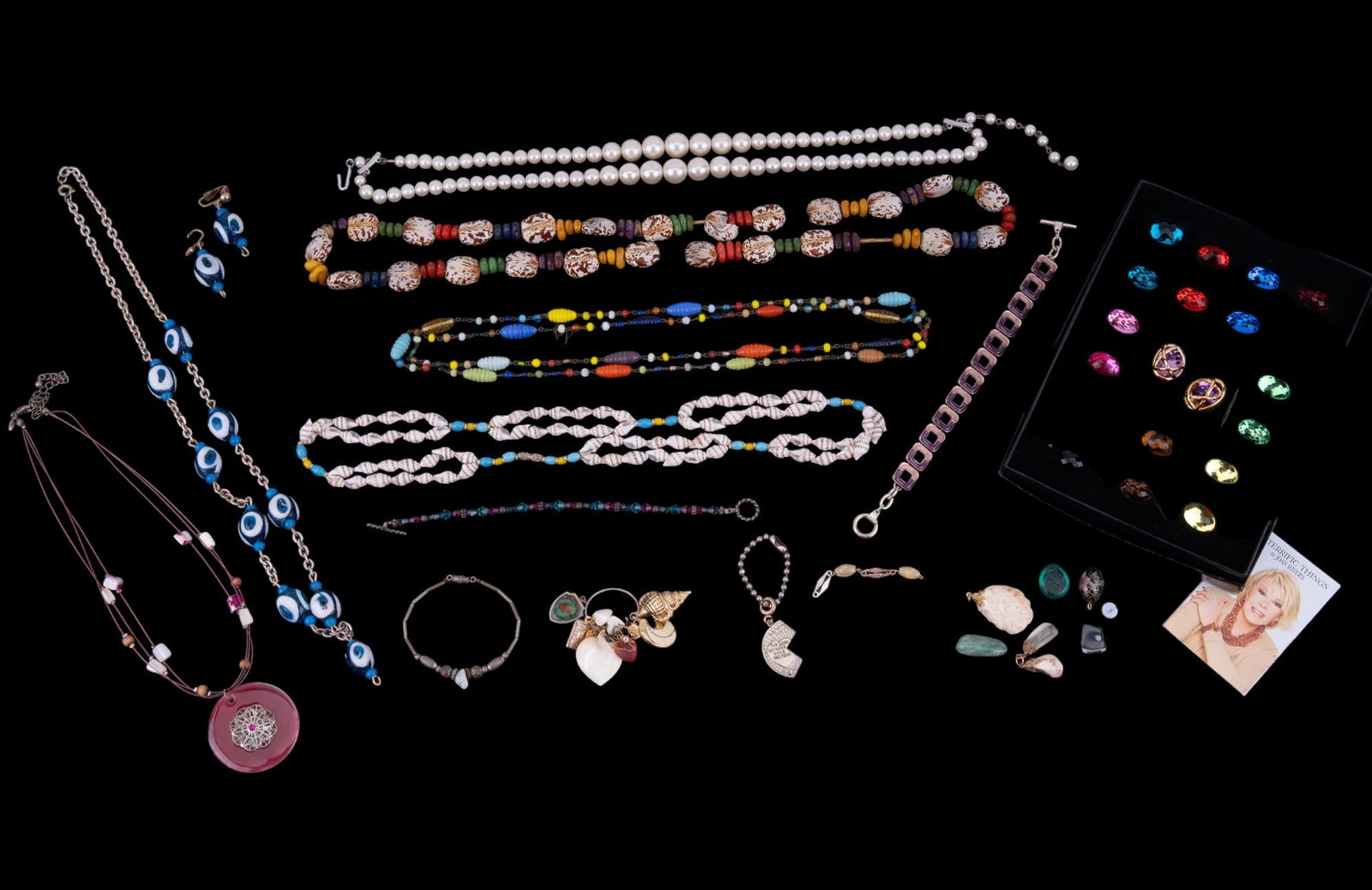 Earring & Necklace Jewelry Assortment: Assortment of jewelry including Joan River's interchangeable Ten Color Checkerboard Cut Earring Wardrobe (not real gemstones), mini shell & bead necklace, colorful bead & wire necklace, blue bead & ch