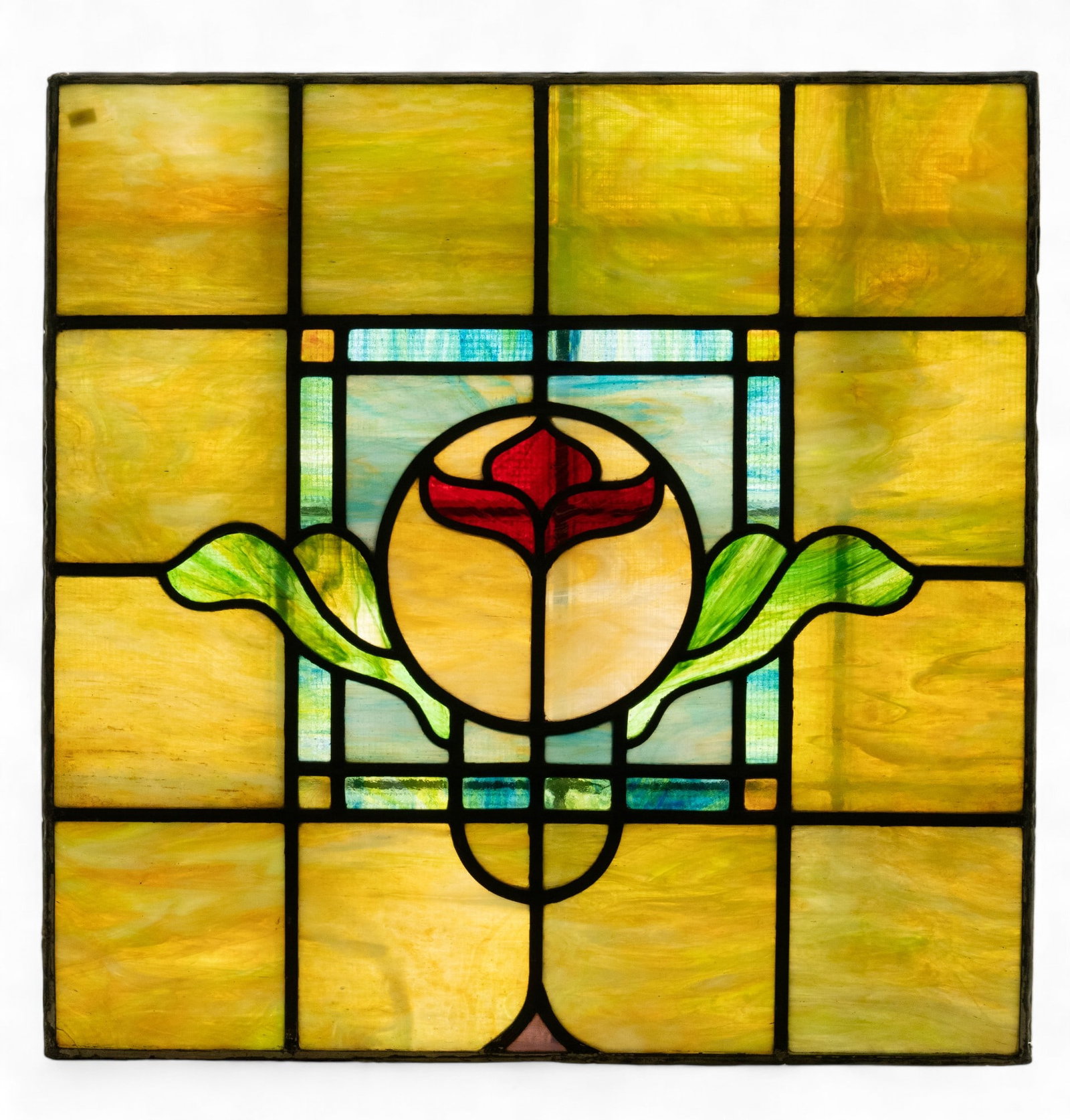 Floral Slag Glass Window Panel: Floral motif leaded slag glass window measuring approx. 28" x 28".