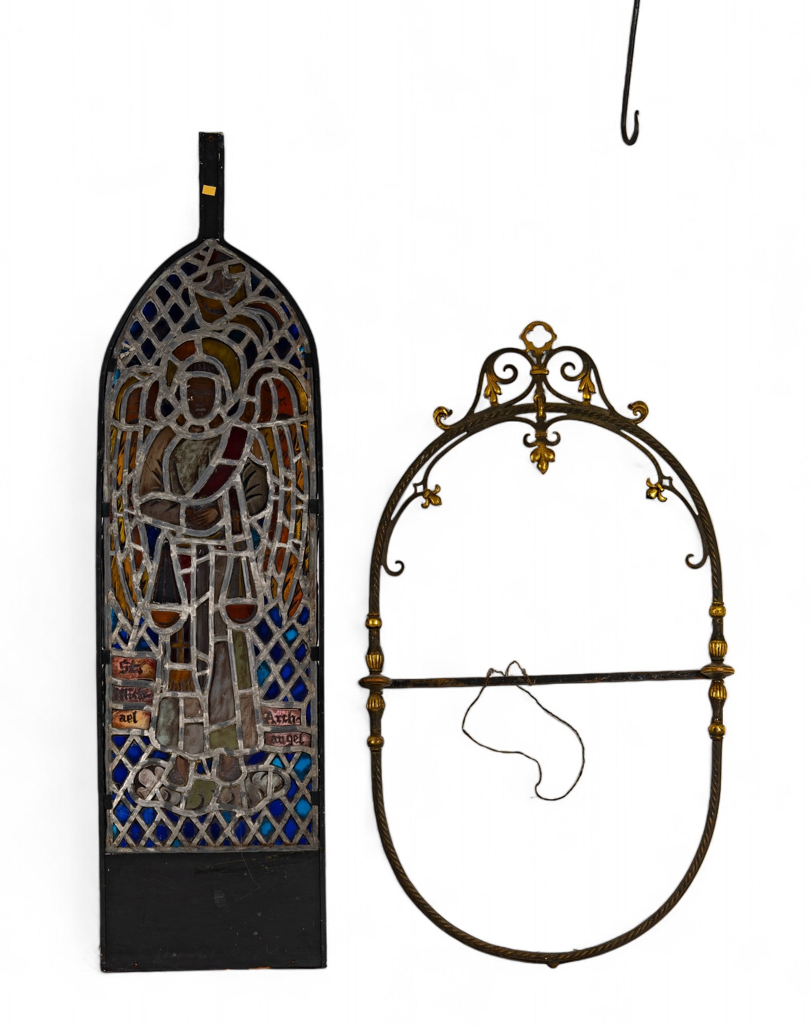 St. Michael Stained Glass Window and More: St. Michael the Archangel leaded stained glass window depicting St. Michael with "St. Michael Archangel" hand painted stained glass with actual window measuring approx. 11.25" W x 32" H in metal displ