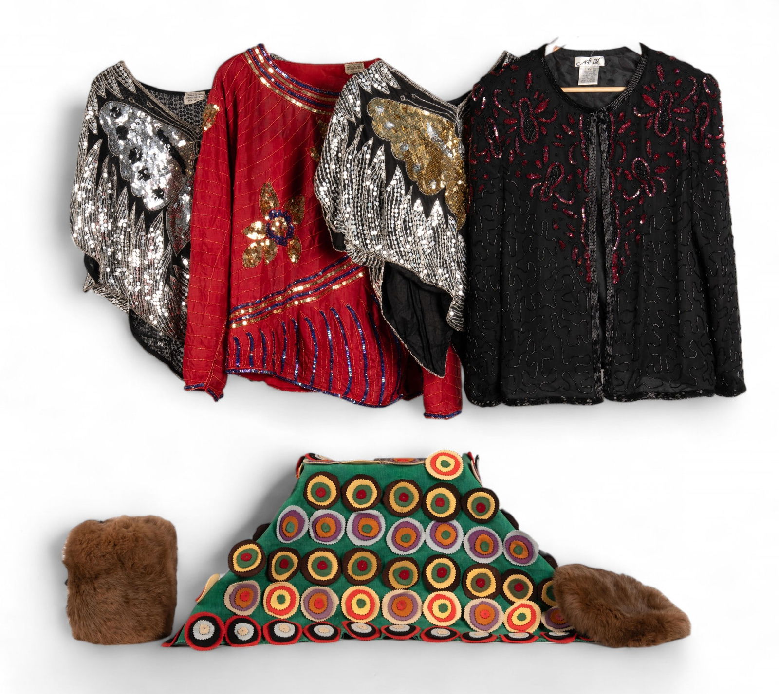 Sequined Garments & Mink Accessories: Mink muff & cap, 4 evening blouses w/ sequins & glass beads (all size L), & polka dot felt & cloth textile approx 37"x18".