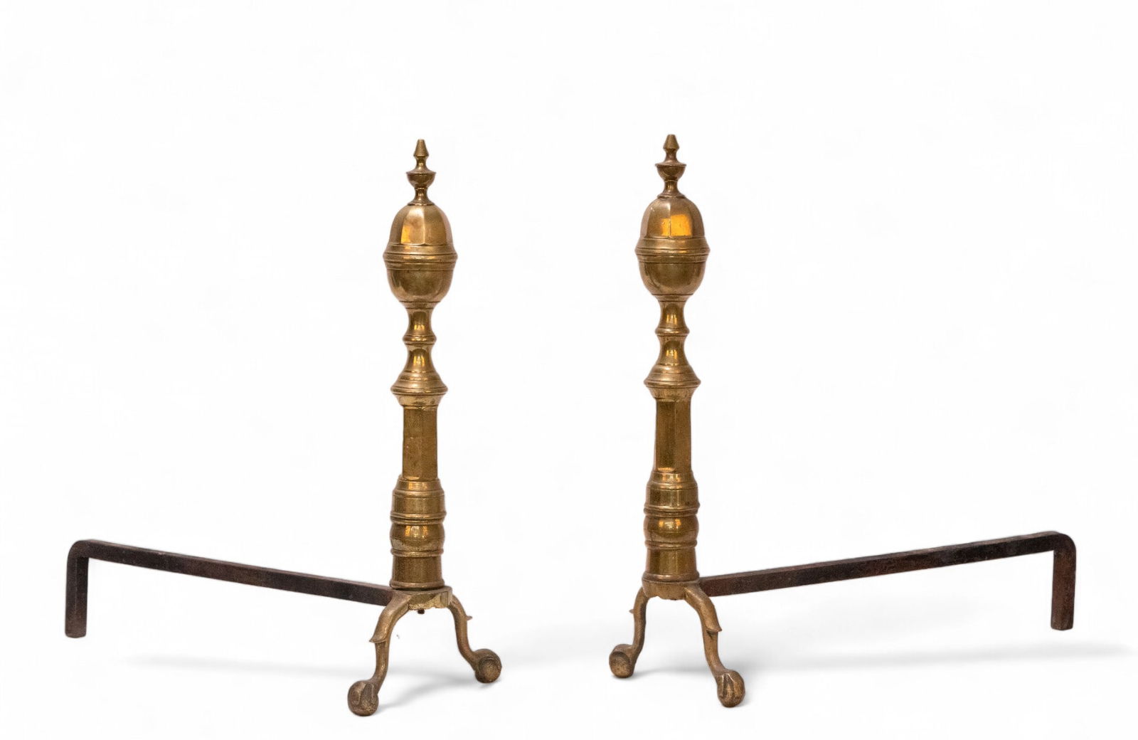 Pair of Vintage Brass Andirons: Pair of vintage brass andirons w/ claw & ball feet. They measure approx 23.5" tall.