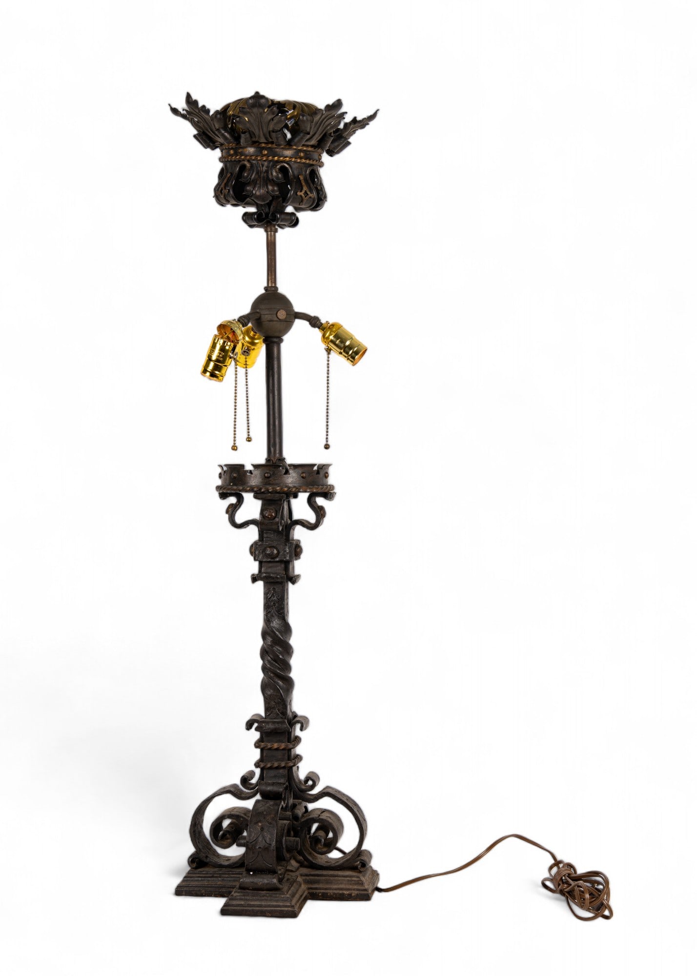 Art Deco Brass Lamp: Decorative brass electric table lamp w/ 3 light bulb sockets. Measures approx 41" tall. Wear is consistent w/ age.