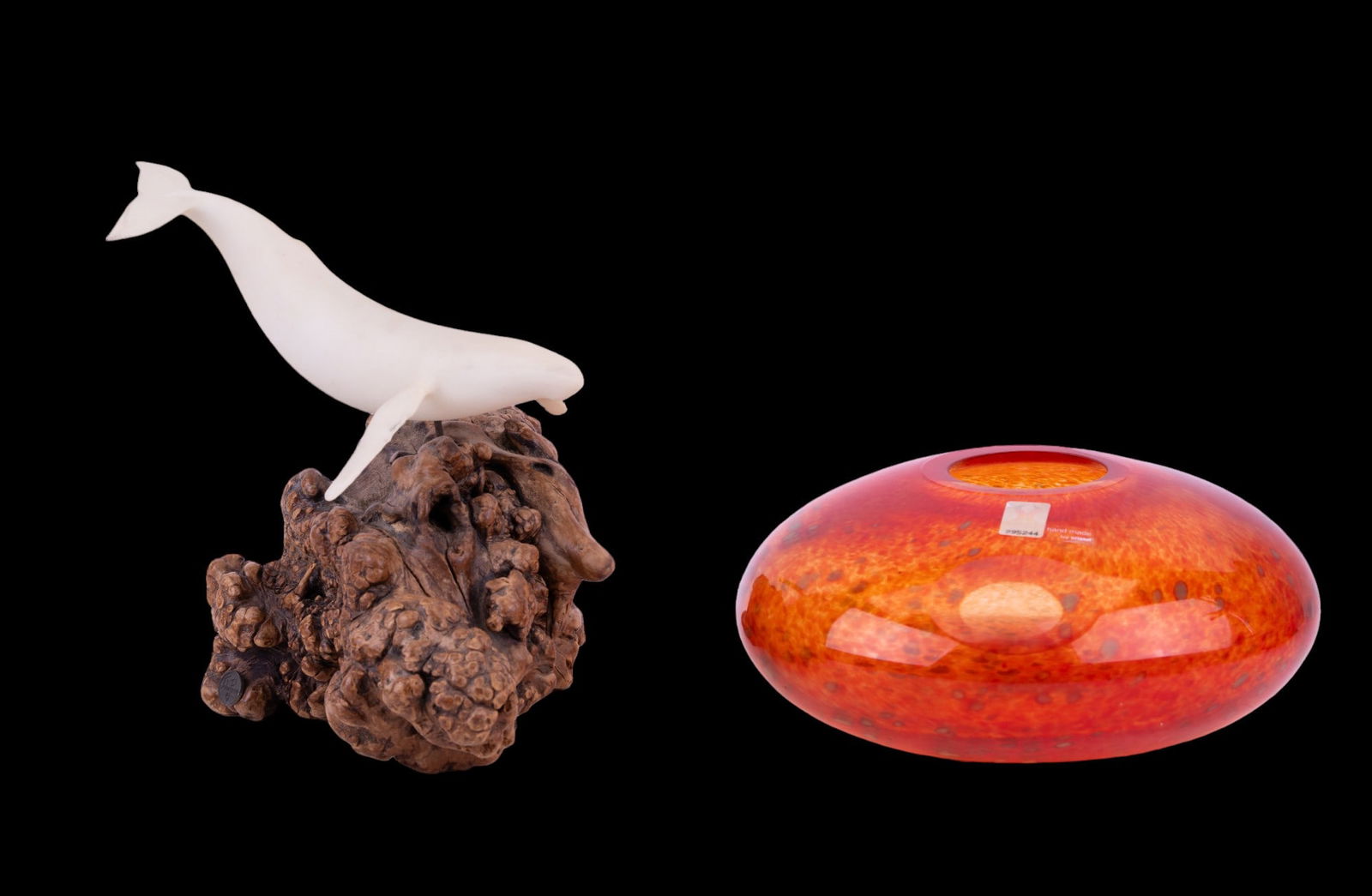 Whale & Reef Sculpture & Art Glass Vase: John Perry Studio sculpture of whale made of white material & reef made of rosewood. Piece measures approx 9.5" tall at whale's tail. Other item is an orange MGLASS (Marinha Grande) handmade by CRISTU