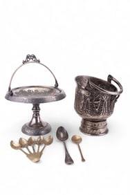 Silver Plate Ice Bucket & Serving Plate, Flatware
