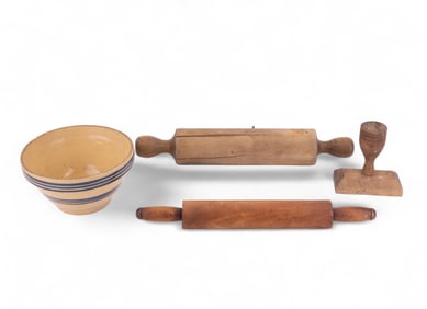 Early Maple Rolling Pin, Butter Stamp, Kitchenware