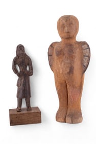 Wooden Figural Statue of Man w/ Long Hair + Angel
