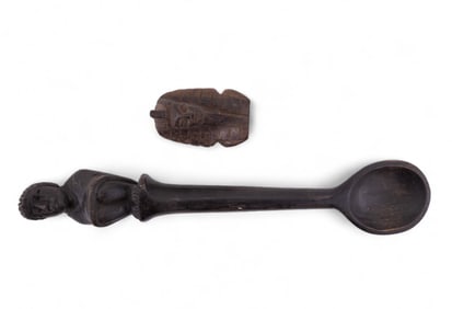 Tribal Carved Wooden Spoon + Wooden Pharaoh Bust