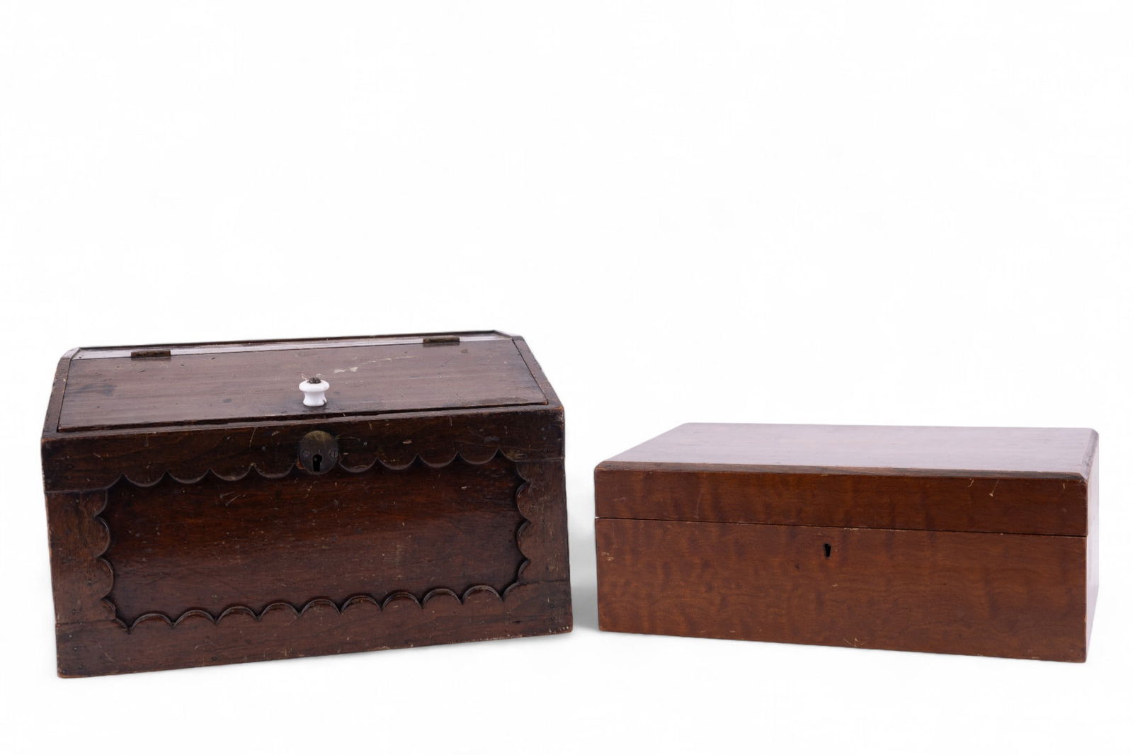 Antique Quilted Maple Lap Desk, Ant. Document Box: An antique quilted maple lap desk measuring approx. 11.75" long, 8" wide, 4.5" deep when closed and 16" long when open with purple felt inside. Also included is an antique documents box circa. 1880s i