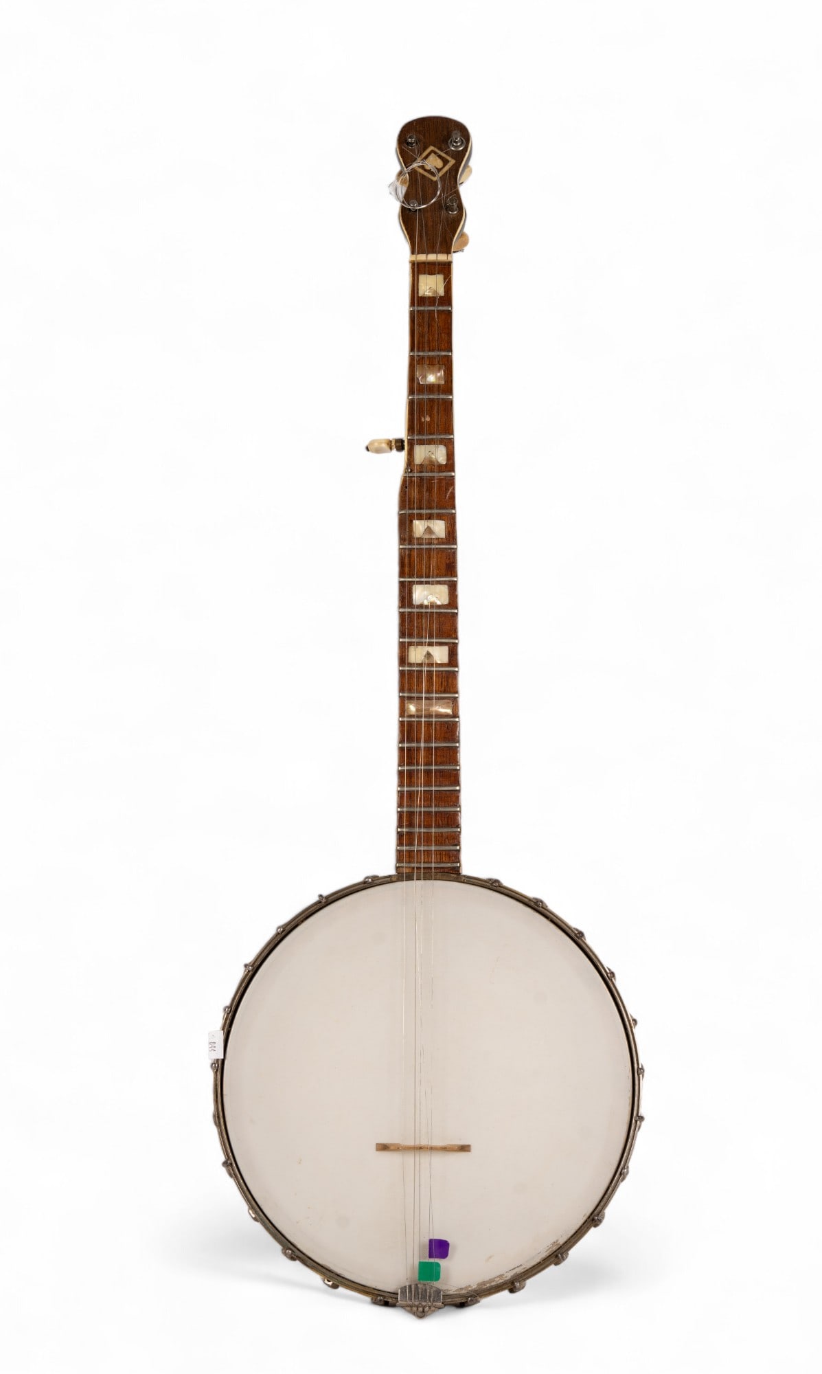 Five String Open Back Banjo, Early American: An American open back banjo, thought to be antique (flat head screws, other signs). Banjo has mother of pearl, and abalone accents in between frets, and measures approx. 34.5" long top to bottom, with