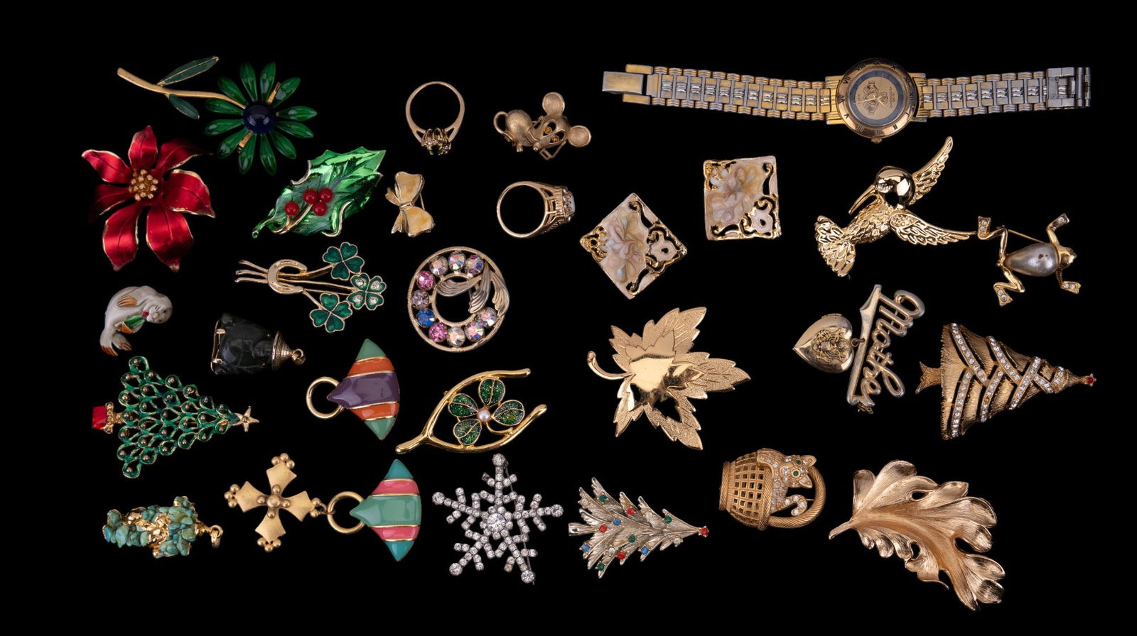 Animal and Holiday Themed Brooches and Others (27): Assorted brooches including gold tone, enamel, rhinestone, jadeite, and more by JJ, D'Orlan, Napier, Avon, Monet, and more.