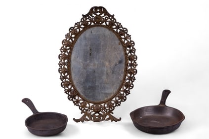 1891 Wagner's Cast Iron Skillets + Antique Mirror