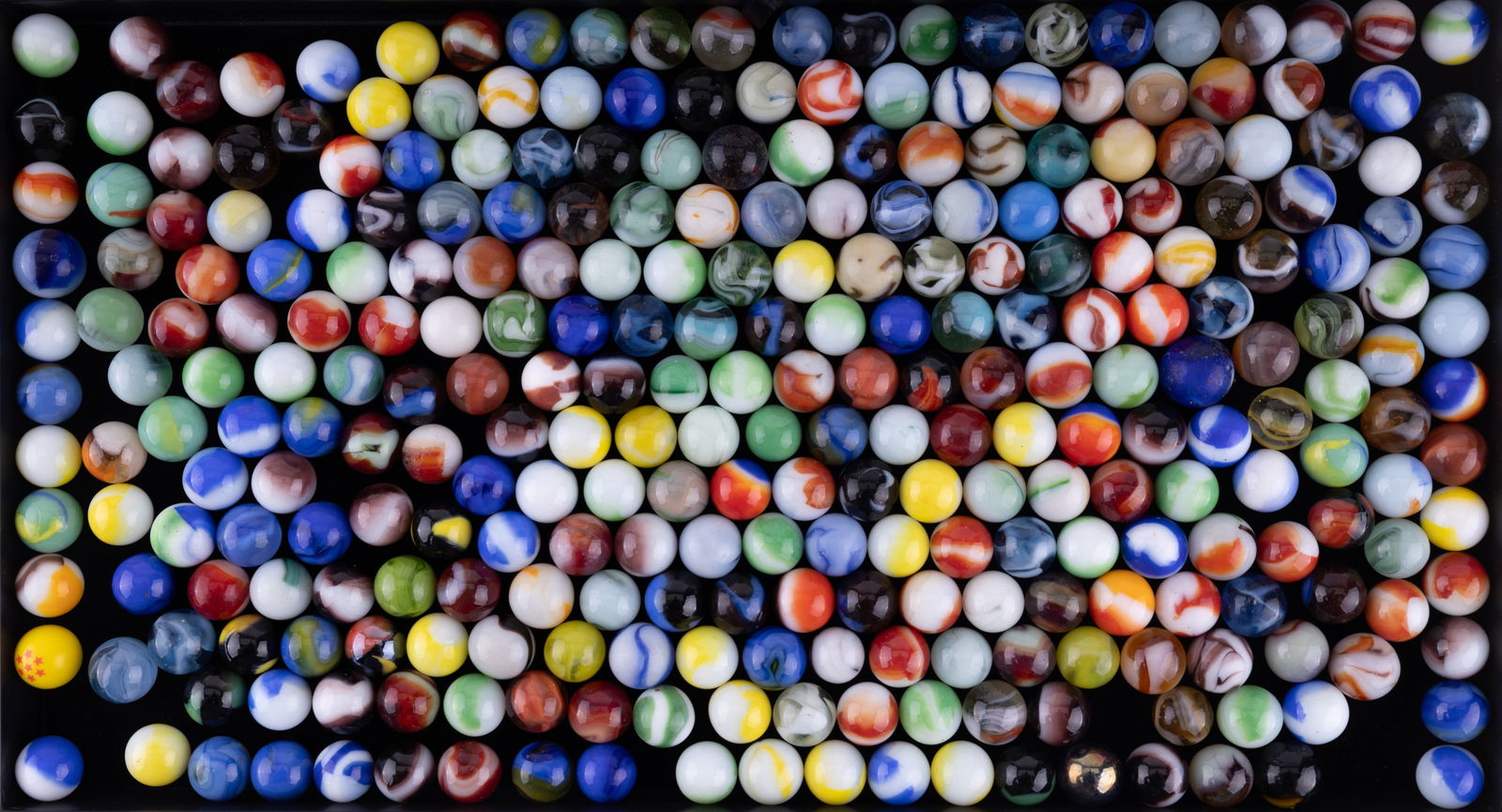 Vintage Marble Grouping: Tray has approx. 200 marbles of various styles and colors and ages.