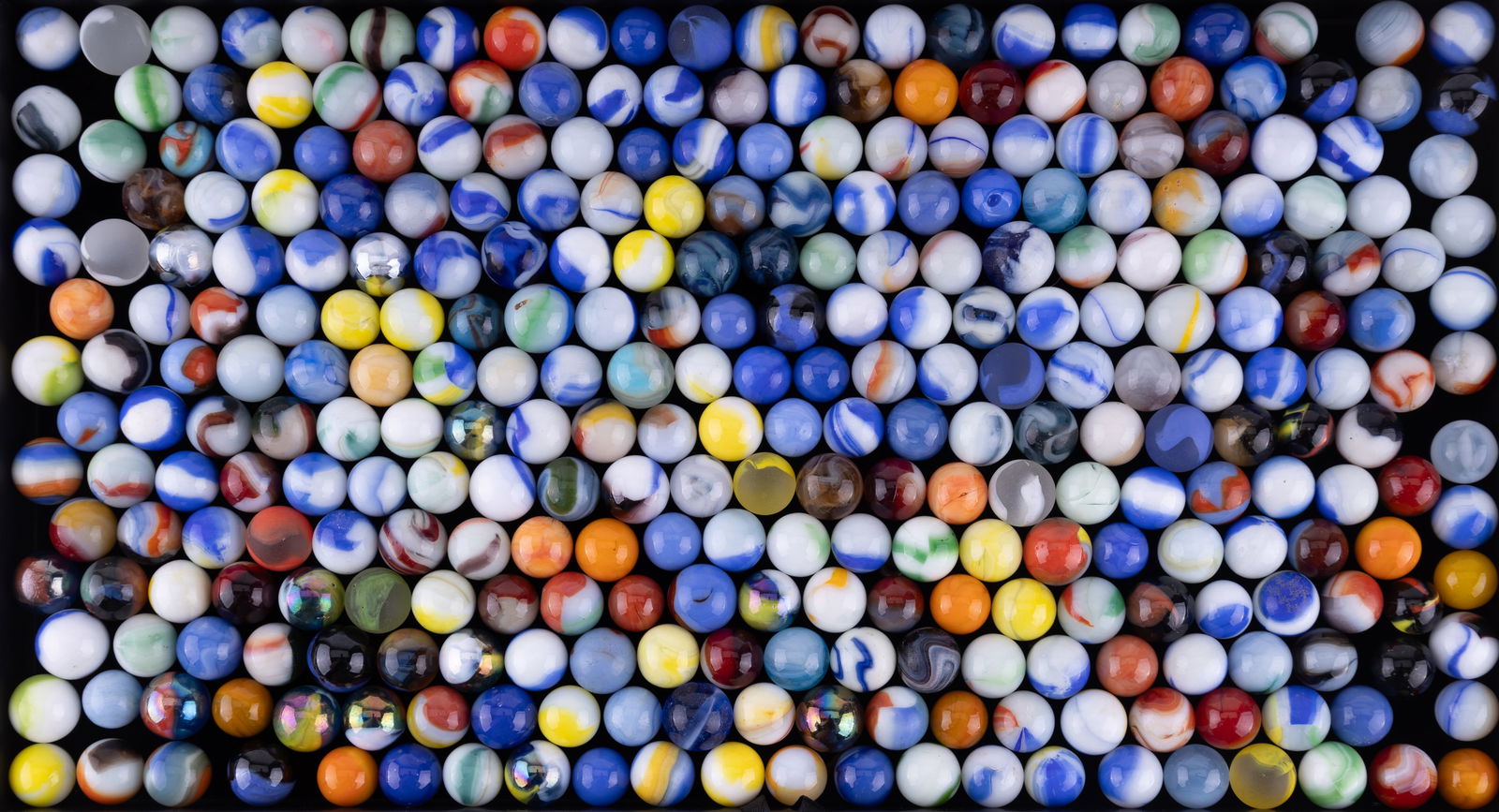 Vintage Marble Grouping: Tray has approx. 200 marbles of various styles and colors and ages.