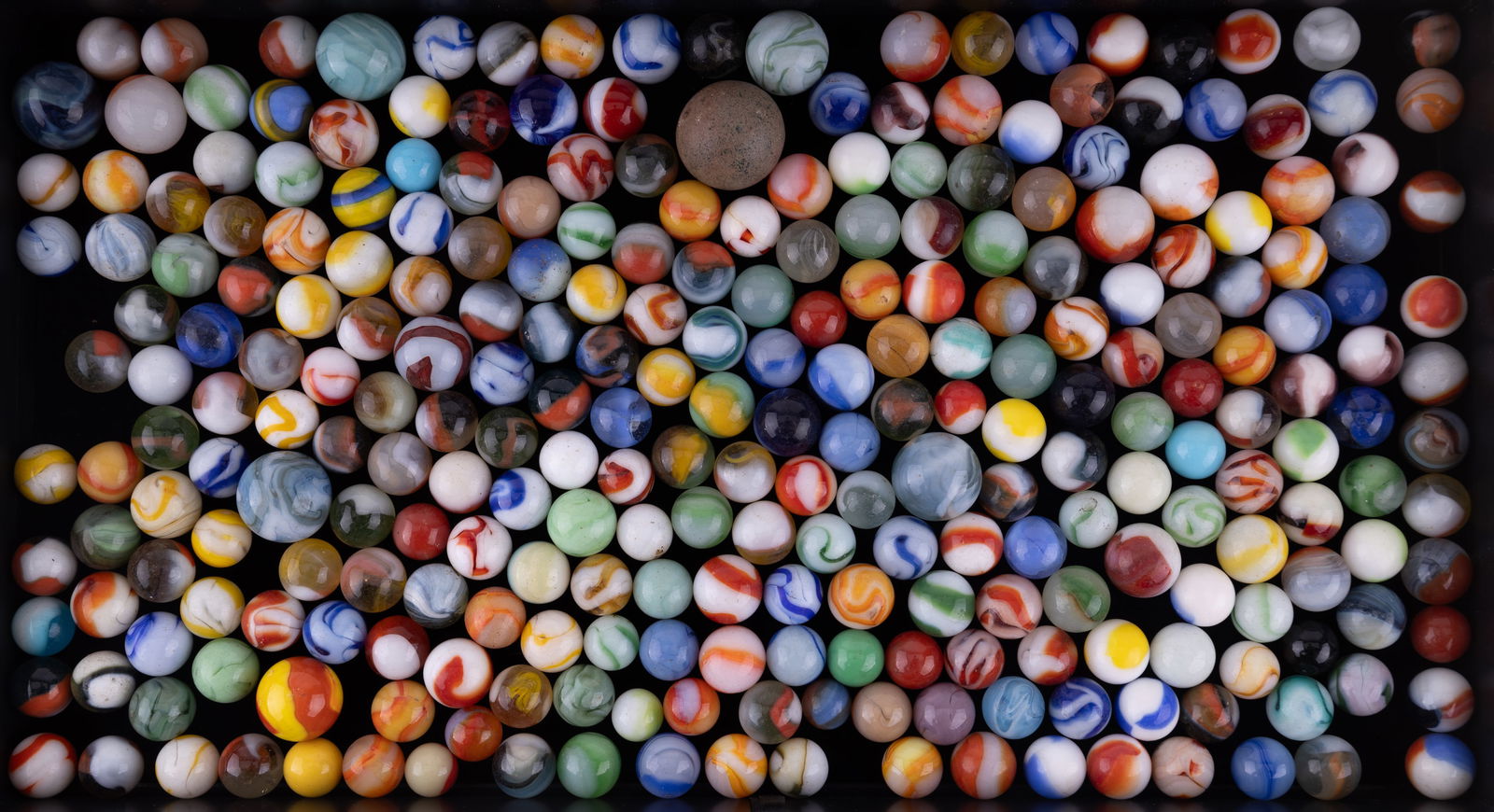 Vintage Marble Grouping: Tray has approx. 200 marbles of various styles and colors and ages. Includes some larger shooter marbles with the largest being clay.
