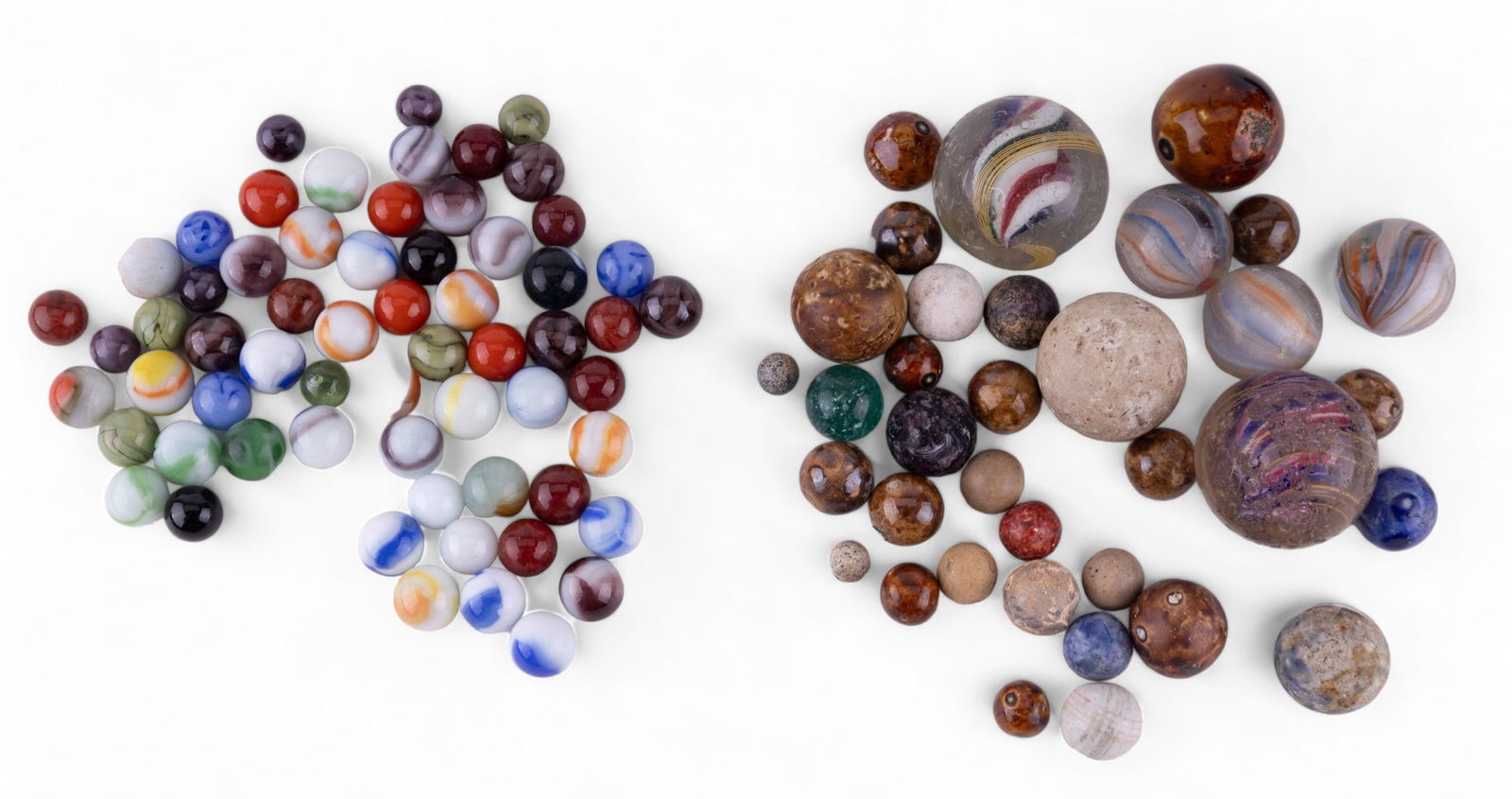 Marbles w/ Box, Clay & Swirl Shooters, & More: Tray has approx. 100 marbles of various styles and colors and ages. There is an original box to the marbles in the bag (top lid dettached and in bag). Also includes 2 jumbo swirl shooters & clay shoot