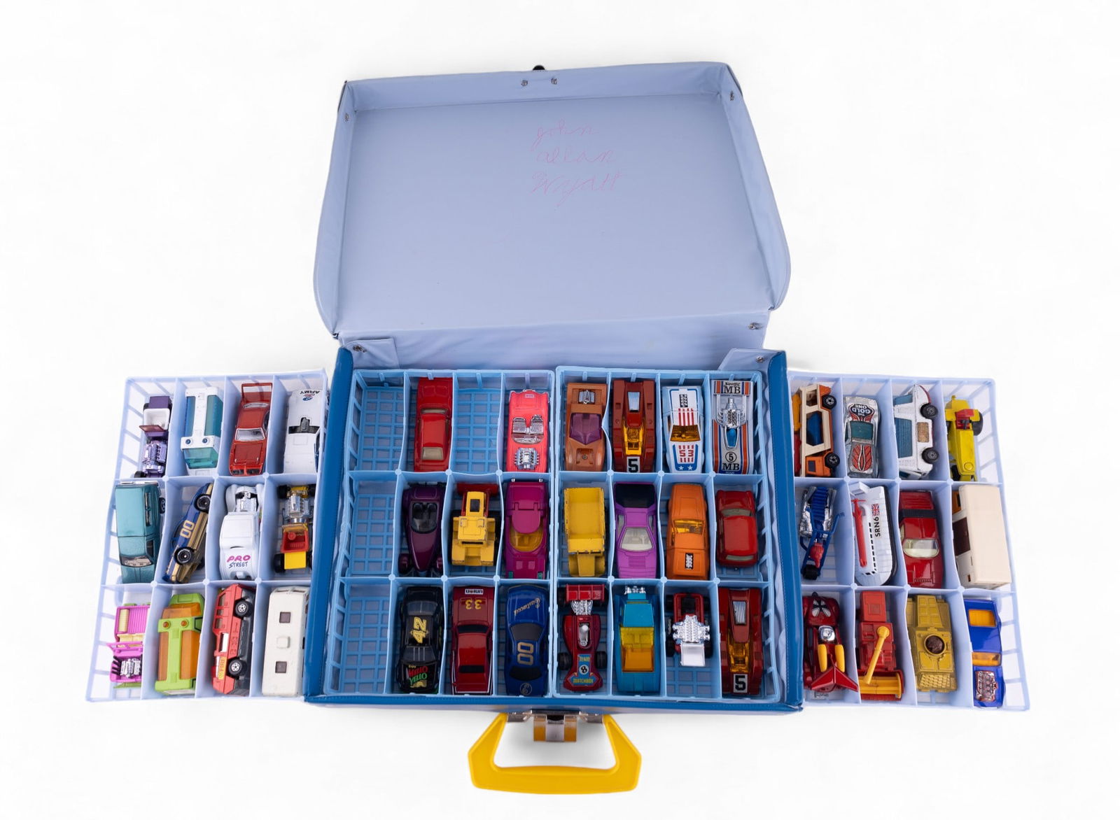Matchbox Case w/ 44 Die Cast Cars: Cars vary in age and make including many 1970's Lesney cars, some vintage hot wheels, and a few newer. Case is dated 1971 and in great condition overall. Some sticker residue on bottom right corner, w