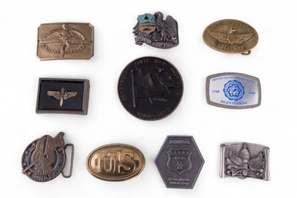 8 Mostly Military Belt Buckles & 2 Paperweights