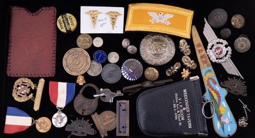 International Military, coins, and 2 Sterling Pins