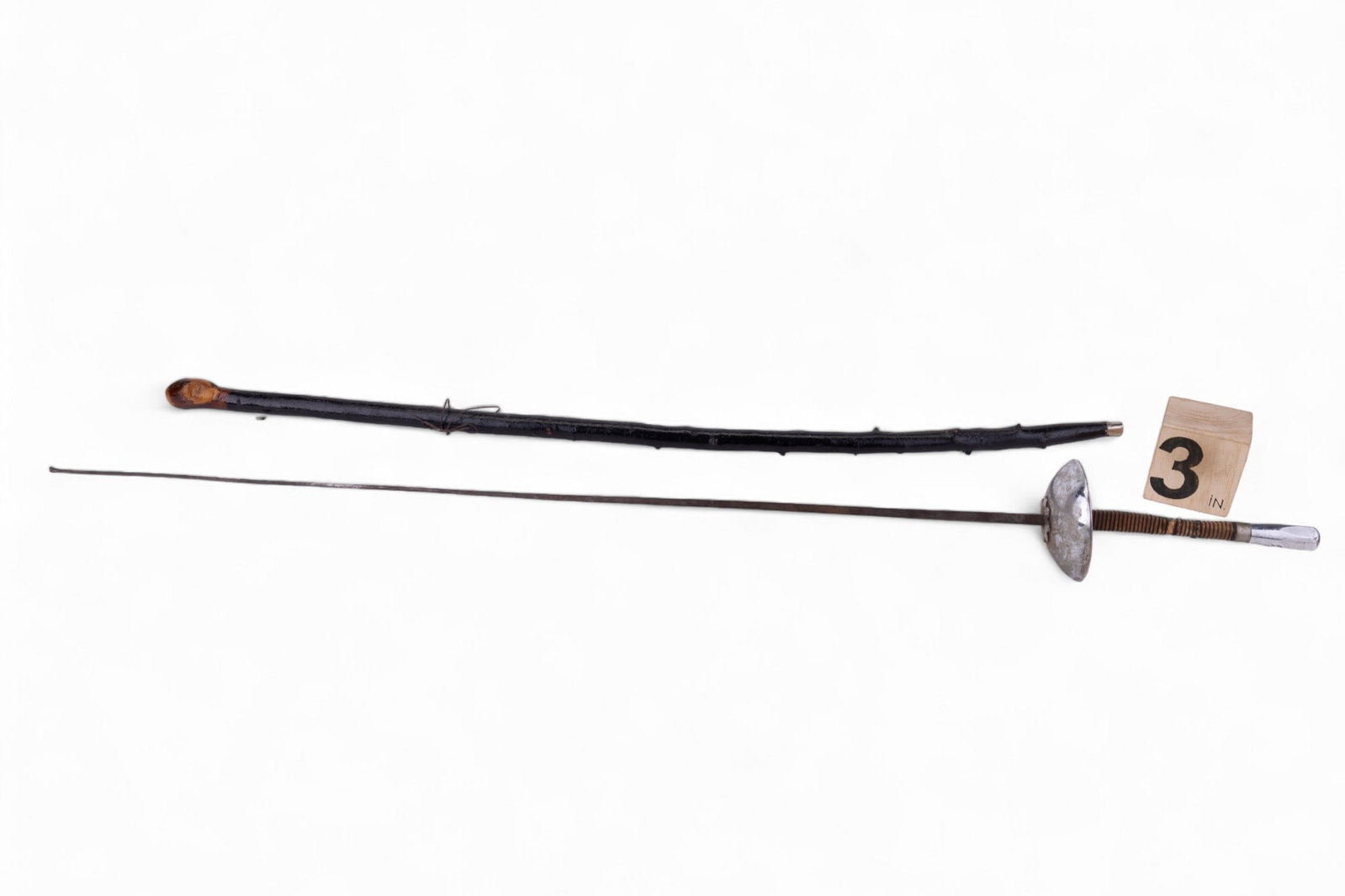 Fencing Foil & Sillelagh Cane: Fencing foil approx 43.5" long, handle needs repaired w/ wrapping. Shillelagh blackhorn cane approx 38" long.