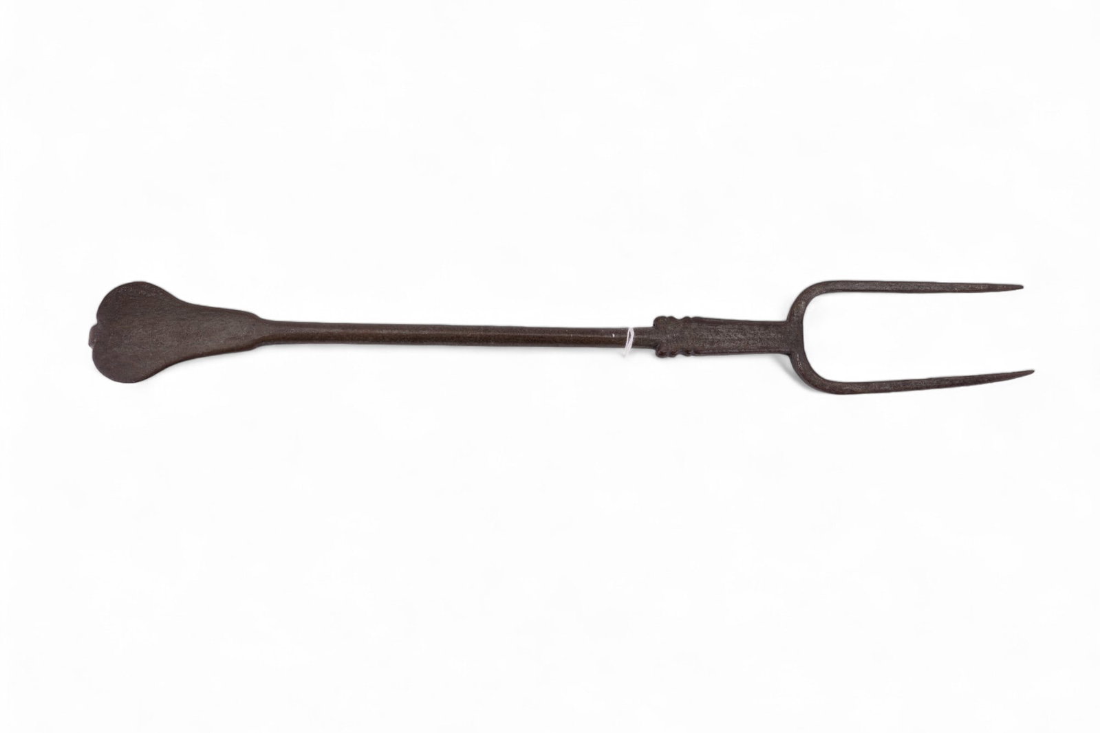 Early 18th C. Roasting Fork w/ Hart: Early 18th c. roasting for w/ hart on one bottom end. Item is approx 17.5" from tip to end, each prong is approx 4.5".