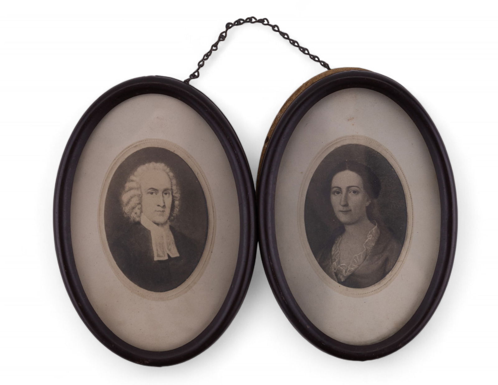 18th C Double Framed Portraits of Couple: A pair of portraits in a double frame with labels on back reading names & times of life for the subjects, as well as the artist's name. Portraits seem to be in good condition, frame is loose. Each ova