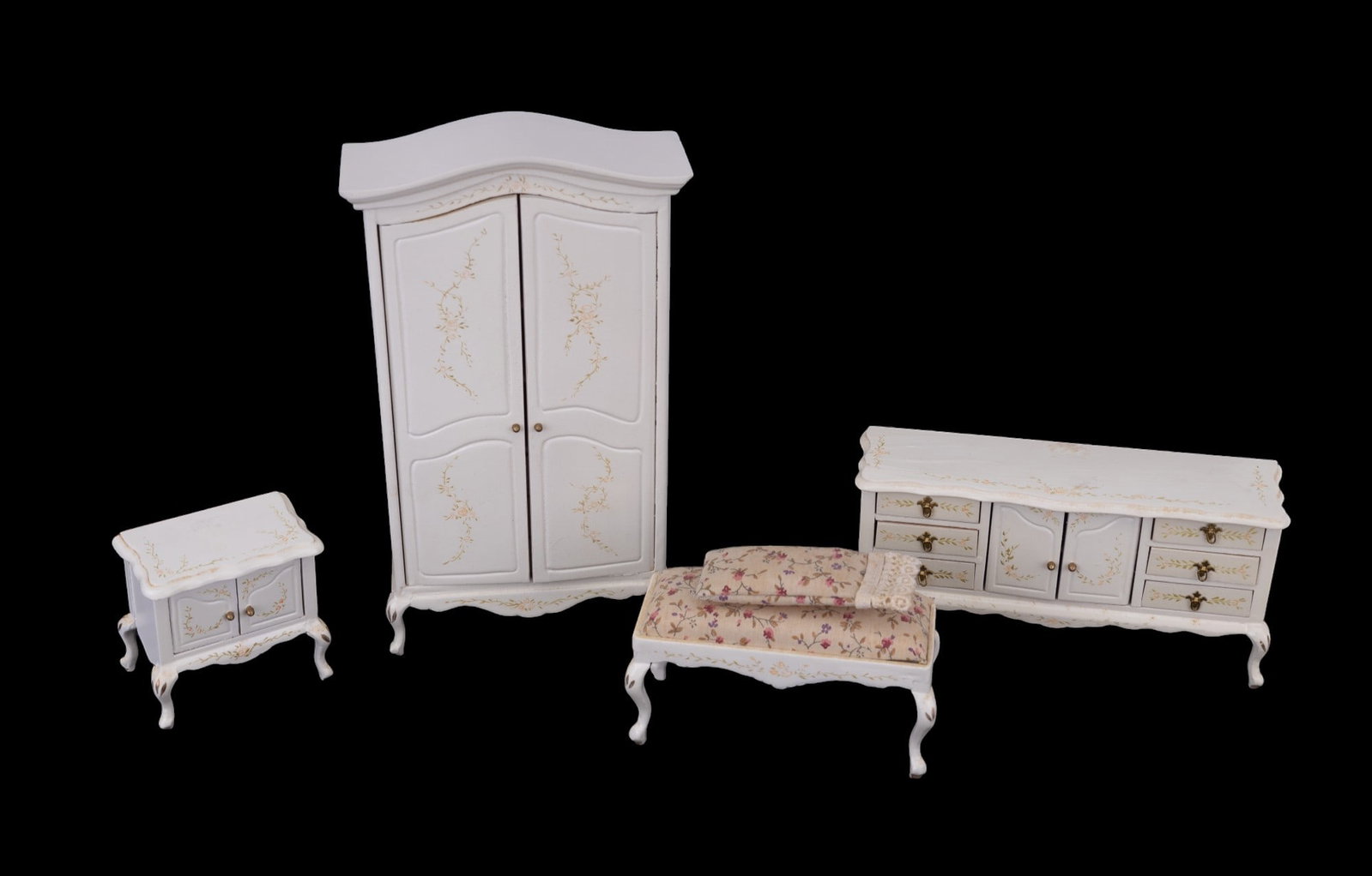 Doll House Furniture Set: A dollhouse furniture set (two in original boxes) with similar pattern, including a large bureau, upholstered stool, small dresser & large dresser. Pieces from Concord Miniatures.