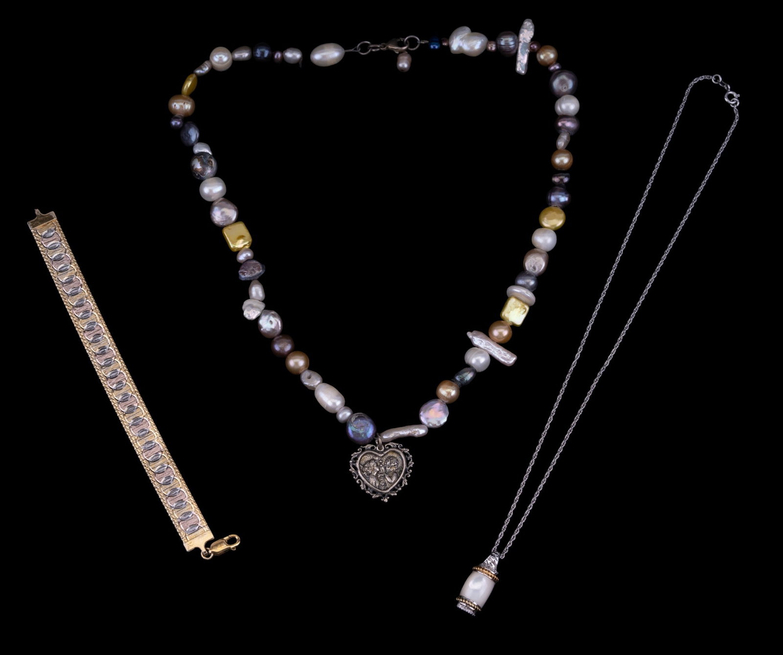 Sterling Milor 925 Bracelet & 2 Necklaces: Milor 925 sterling silver gold-colored circular design bracelet made in Italy (measures approx 7" long), multi-colored pearl necklace w/ sterling silver chain & heart pendant w/ 2 cherubs, & NV 925 pe