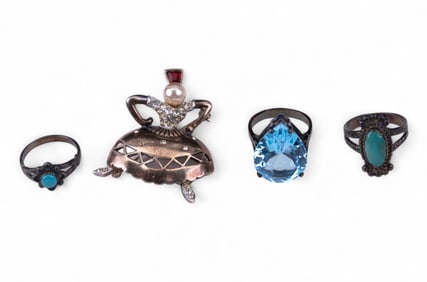 Crown Trifari Sterling Pin, 3 Sterling Rings