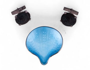 Vintage Sterling Enamel Brooch, Cuff Links