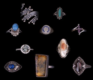 Sterling Silver Rings w/ Amber, Amethyst + (10)