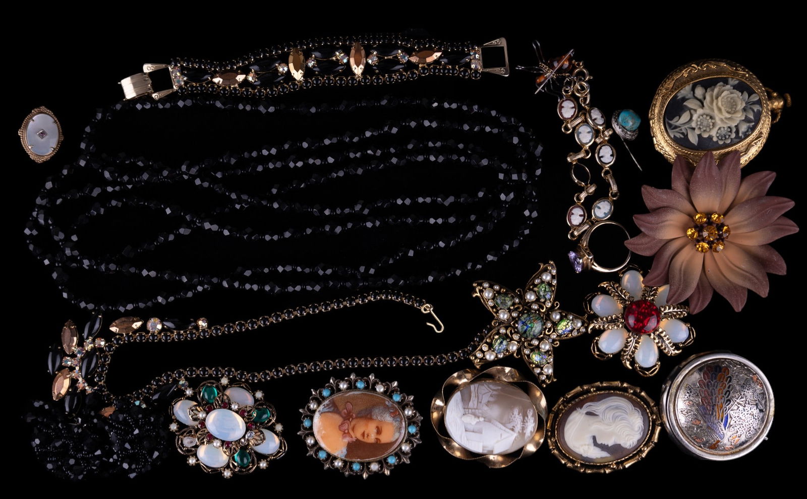 Victorian Cameo and Vintage Estate Jewelry: Highlights include Victorian shell carved cameo brooch, Lois Ann jet style earrings, pill boxes, brooches, other cameo style, and more.