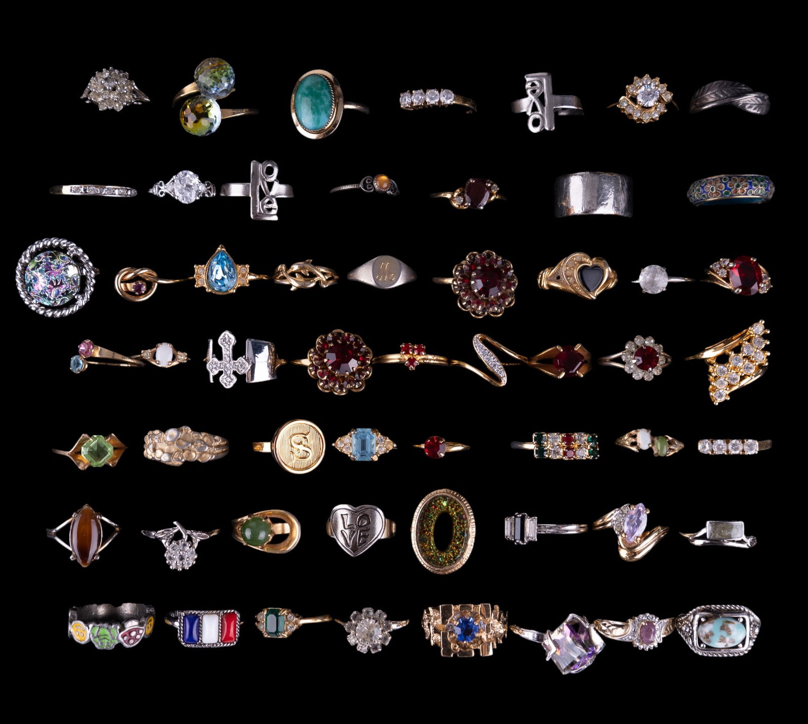 Vintage Rings (56): 56 various gold and silver tone, crystal, faux stone, and other designs.