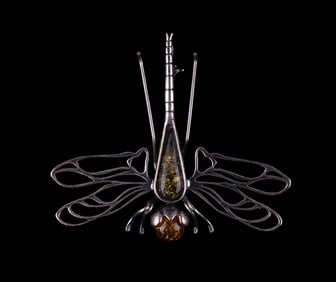 Amber Sterling Silver Dragonfly Brooch