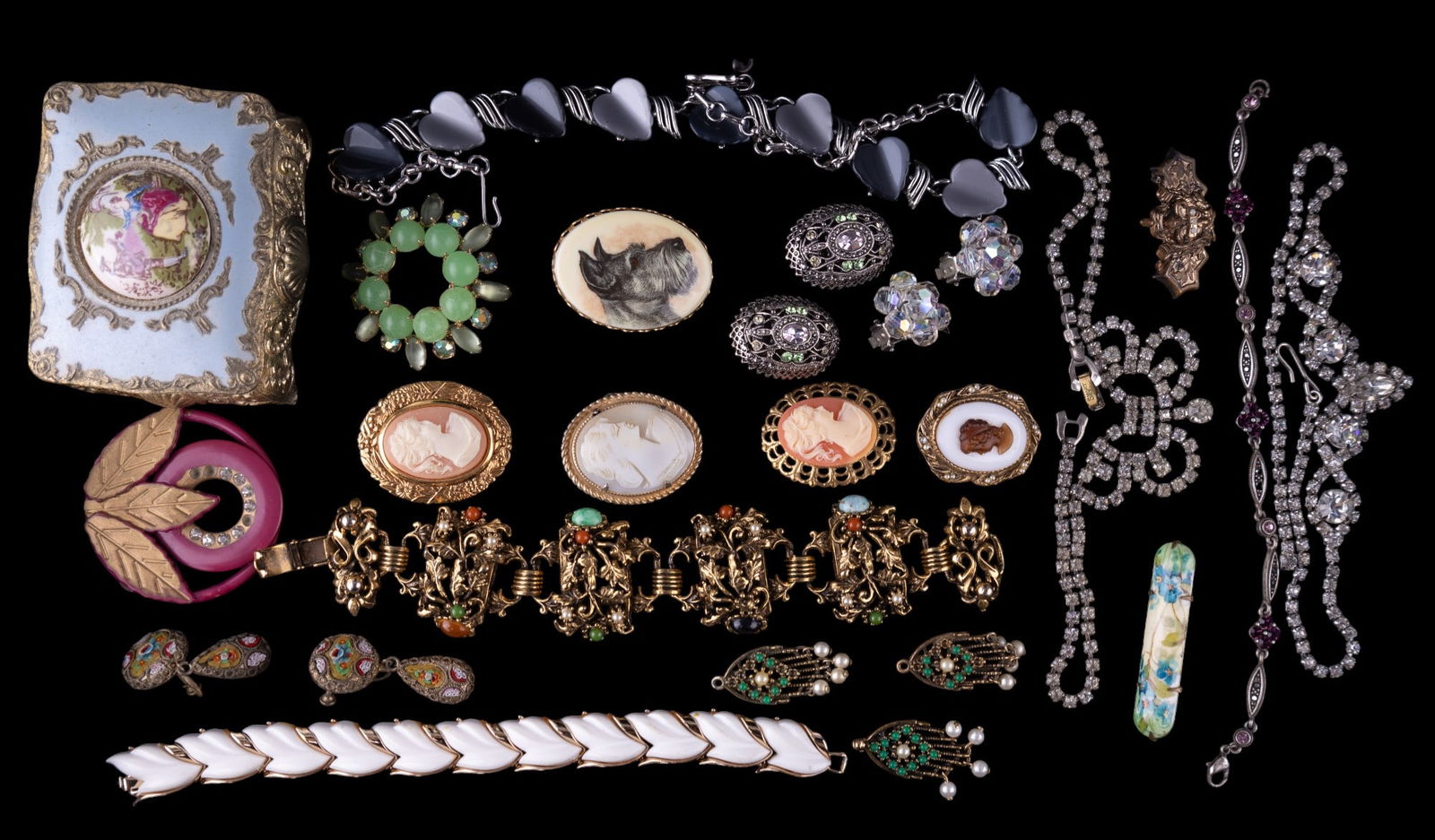 Lucite, Cameo, and Vintage Jewelry: Vintage jewelry including various cameos, a trinket box; rhinestone, Lucite, and other necklaces and bracelet, micromosaic earrings and more.