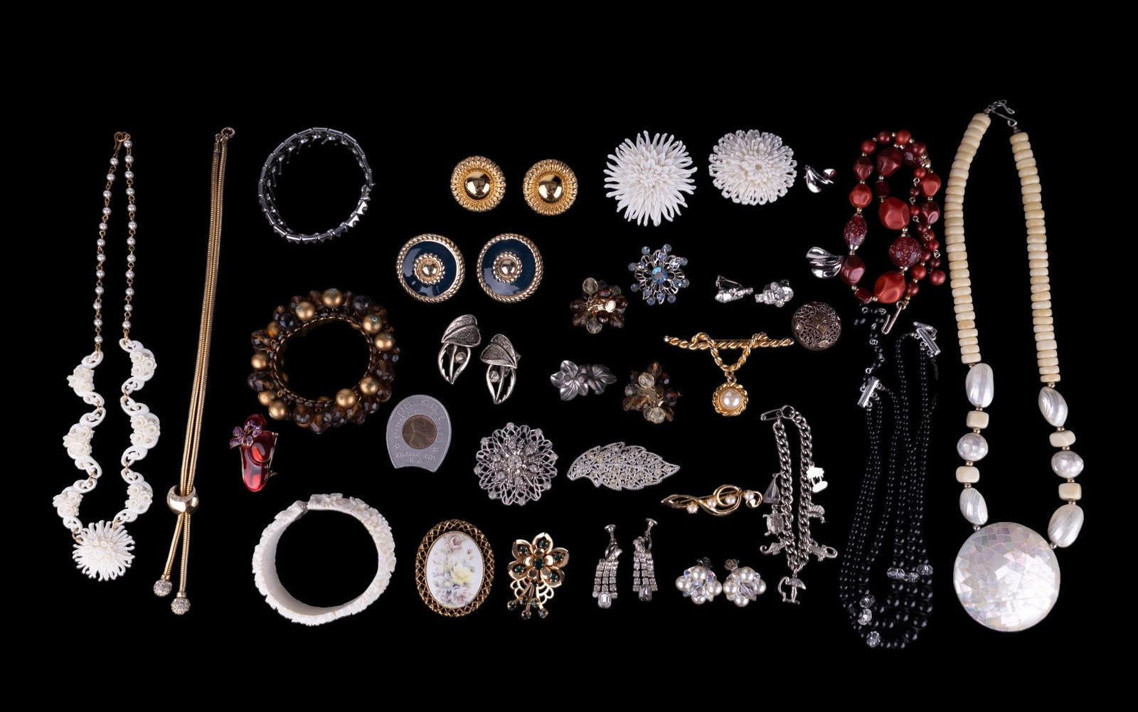 Vintage Estate Jewelry: Sampling includes large seashell necklace, various rhinestones, carved floral necklace, bracelet earrings, silver tone, and more.