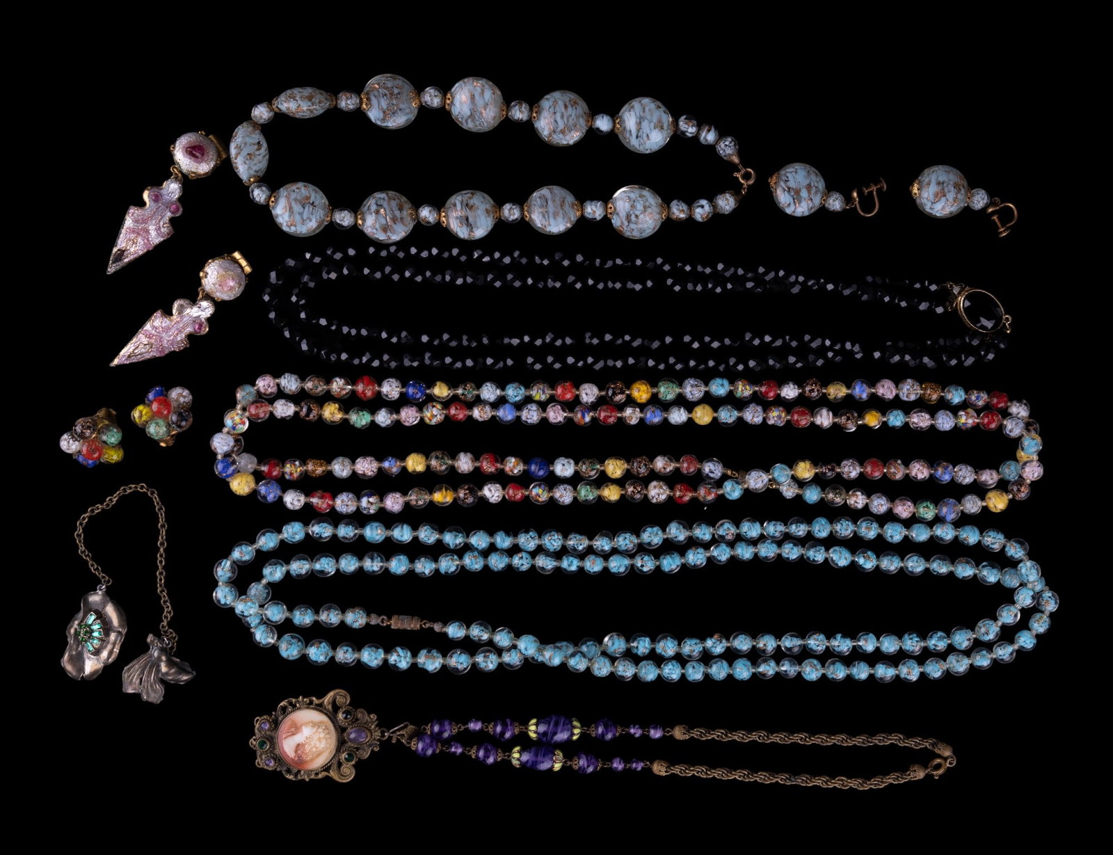 Art Deco Glass Necklaces and Vintage Jewelry: Highlights include 3 Art Deco necklaces, 2 pairs of matching clips marked "Italy", early 1910s Paris artist signed "Rosat" pink enamel glass French style clip earrings (with loss), bumble bee pin, and
