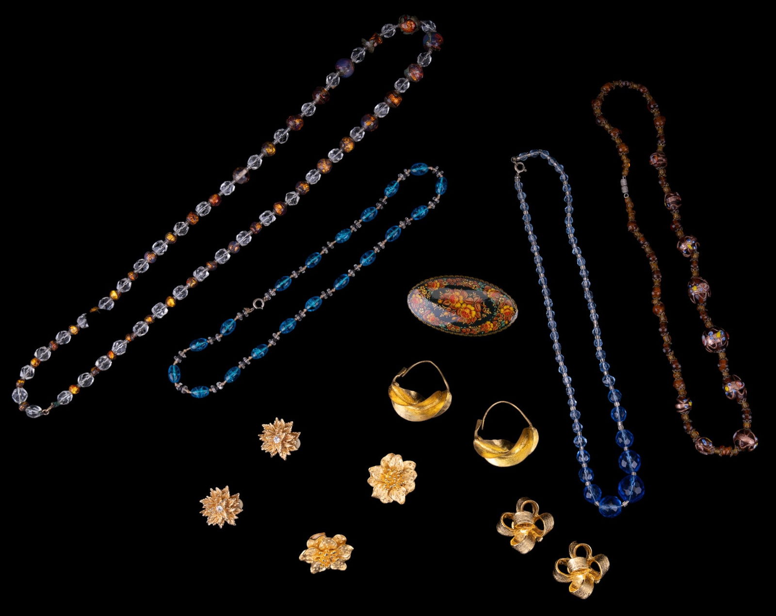 Vintage Necklaces and Designer Earrings: 4 early Art Deco antique glass necklaces in various hues, 2 pairs KJL gold tone earrings, Erwin Pearl, and more.