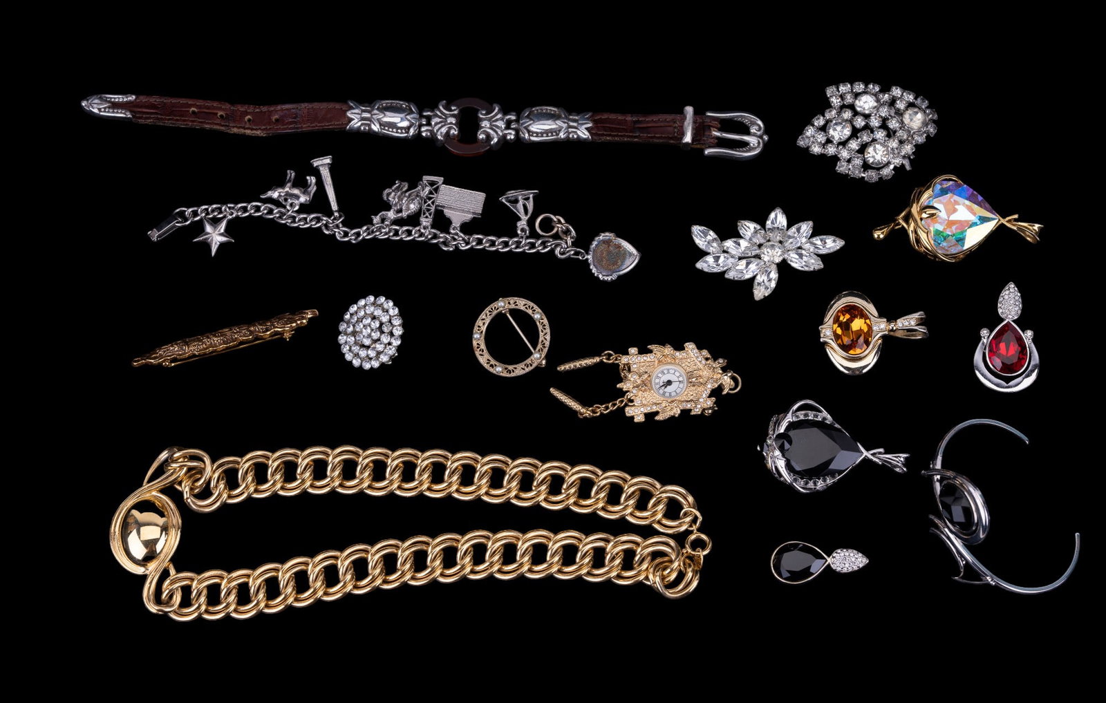 Trifari, William Wang, and Estate Jewelry: Highlights include Trifari circa 1980s gold tone link sphere necklace, 5 pieces of William Wang Swarovski designer crystal jewelry, Brighton silver tone leather bracelet, vintage rhinestones, and more