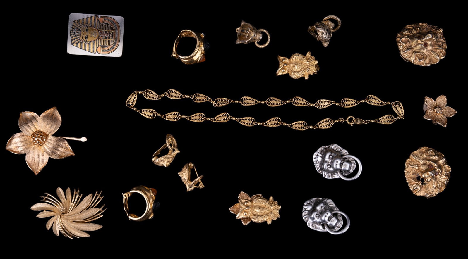 Trifari, Lion and Leopard, and Vintage Jewelry: Highlights include Trifari gold tone leaf necklace and brooch; lion, leopard, fox, and owl clip earrings, and more.