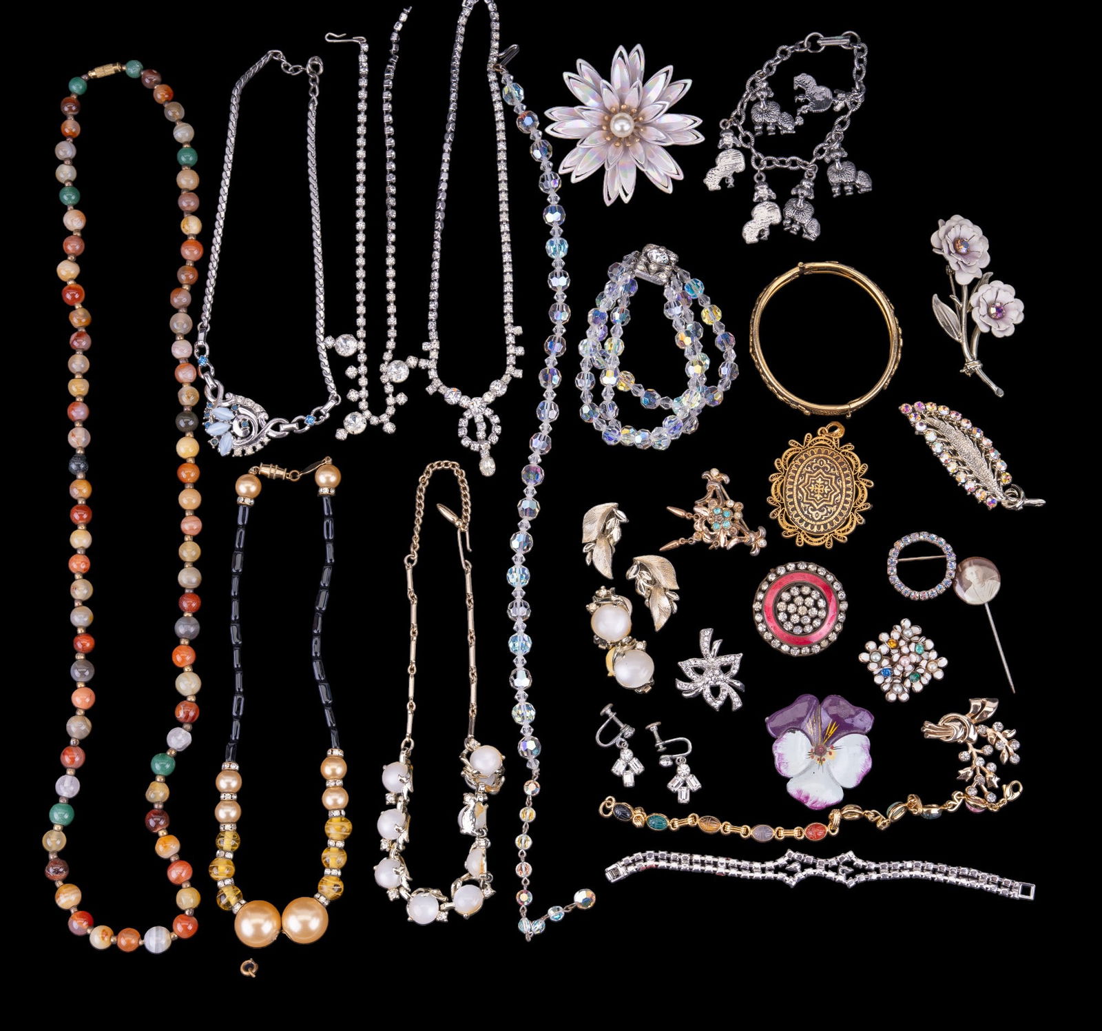 Alexis Kirk, Poodle Bracelet, and Vintage Jewelry: Sampling Includes Alexis Kirk pearl jet style necklace, Coro gold tone Lucite type necklace with matching clip earrings, silver tone poodle charm bracelet, rhinestones, crystals, agates, mod pins, and