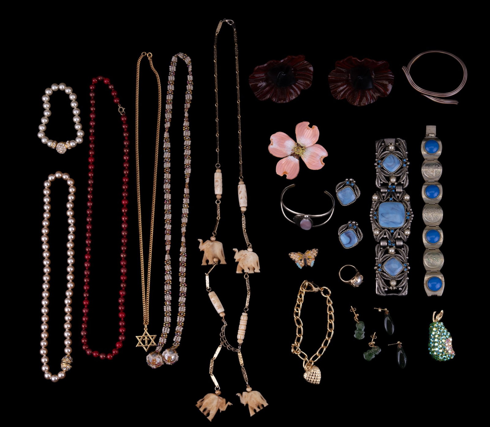 Nolan Miller and Vintage Jewelry: Highlights include Nolan Miller faux pearl necklace and bracelet, celluloid bracelet and show clips, Art Deco butterfly brooch, crystal Suzanne Bjontegard green to blue brooch, bracelets, enamel flora