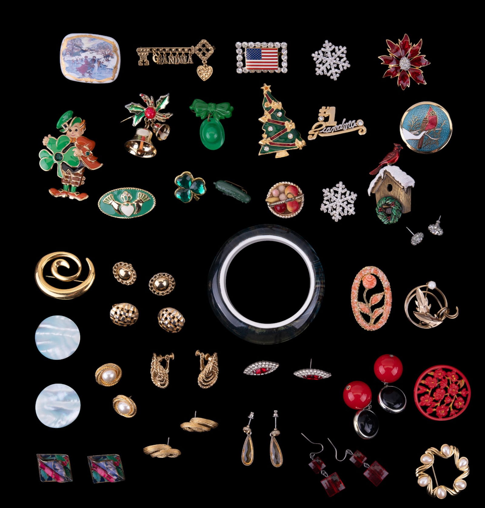 Bob Mackie and Holiday Vintage Jewelry: Bob Mackie large enamel leprechaun brooch, xmas, patriotic, grandma pins, gold tone, earrings, pins, and more.