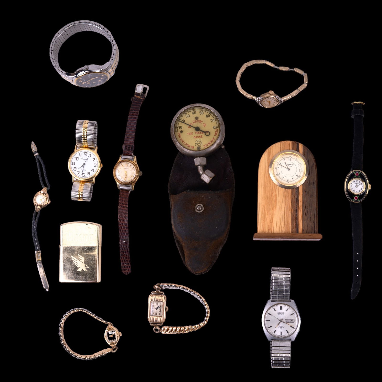 Vintage Watches and tire Gauge Tool: Collection includes Seiko, Bulova, vintage gold filled ladies watches, Winston lighter, and vintage tire pressure gauge.